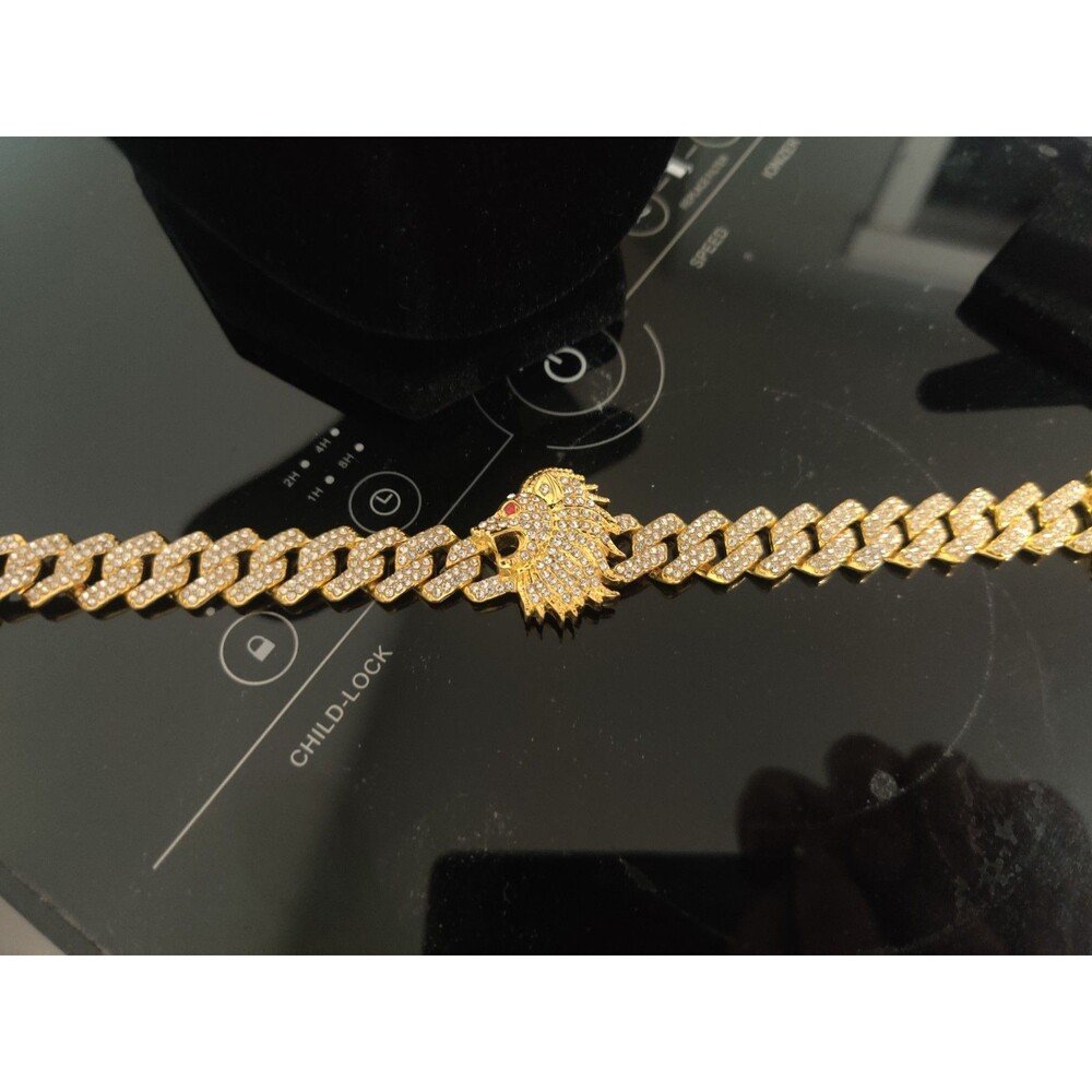 Gold-Plated Cuban Link Bracelet Panther/Leopard Head Simulated Diamond Pavé